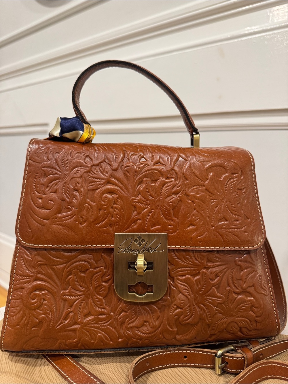 Patricia Nash Chauny Tooled Floral Embossed Brown Leather Satchel - Picture 5 of 17